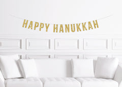 Happy Hanukkah Banner, Hanukkah Home Decor, Decorations for Hanukkah, Gold Glitter Sign - Pretty Day