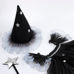girls sparkly witch Halloween costume with twirly tulle skirt and pointy hat