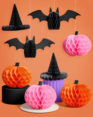 Halloween Honeycomb Set of 8 Paper Honeycomb bats, Witch Hats, Pumpkins