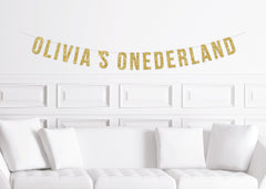 Custom Onederland Cursive Banner, Gold Glitter Script 1st Birthday Sign, Boy's Girl's 1st Birthday Party, One Decorations - Pretty Day