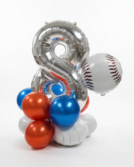 Balloon arrangement with number 8 and sports ball designs on a white background